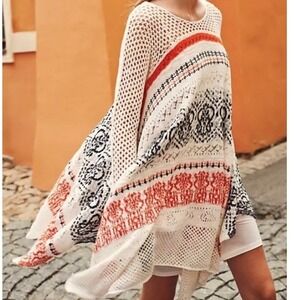 Water Lily Boho Crochet Knit Mixed Print Sharkbite Hem Dress Red White S/M EUC